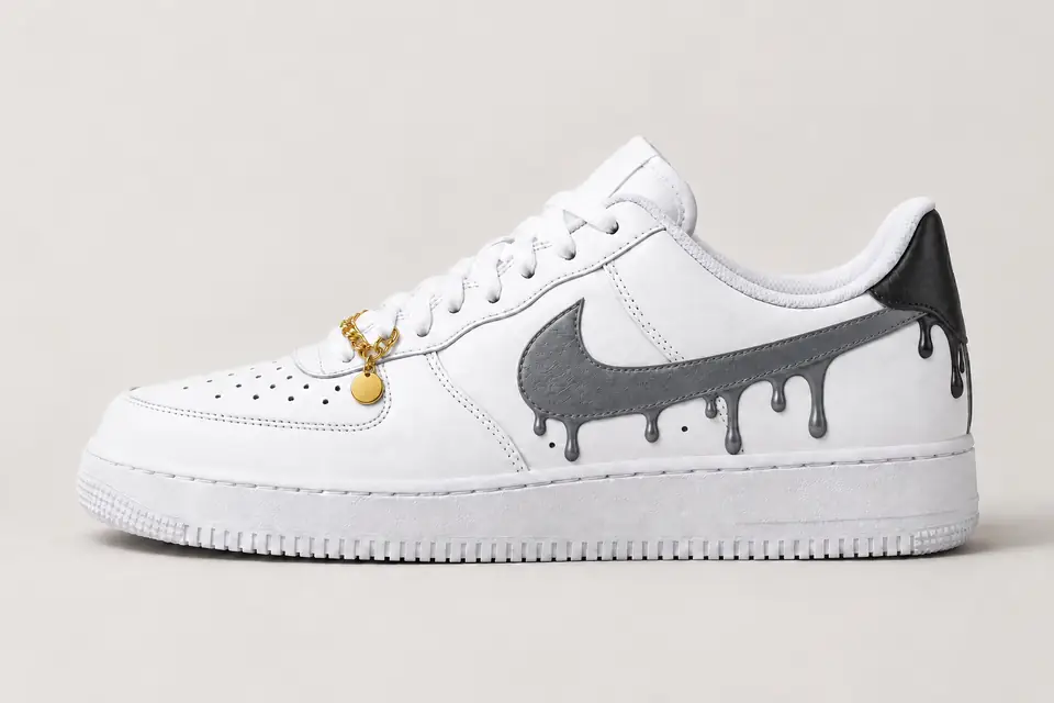 Air Force 1 Chaîne Or Drip coloris gris et noir, vue de profil