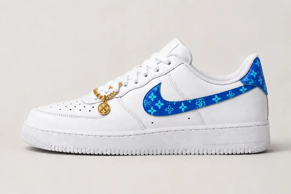 Air Force 1 Chaîne Or Monogramme coloris bleu et turquoise, vue de profil