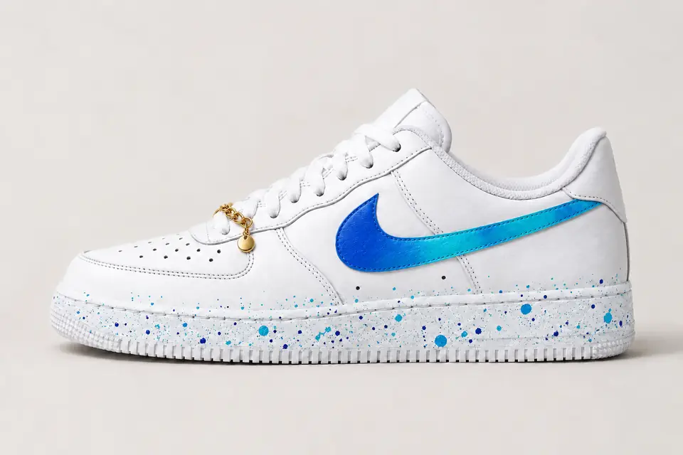Air Force 1 Chaîne Or Splash coloris bleu et turquoise, vue de profil
