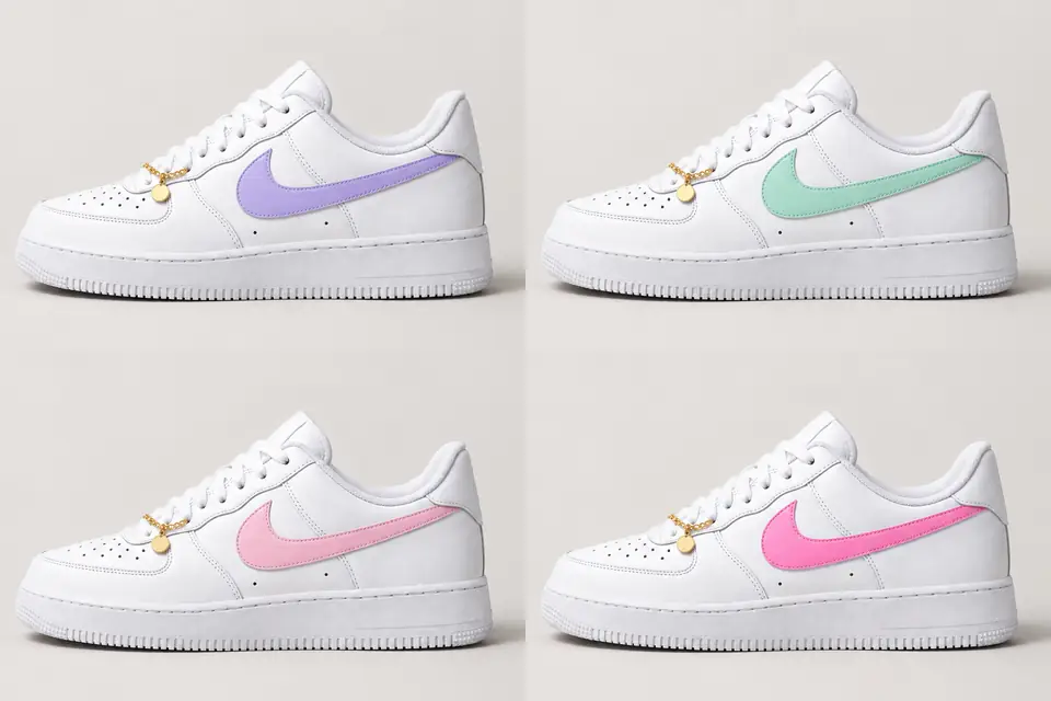 Air Force 1 Chaîne Or Swoosh Peint coloris pastel et rose, vue de profil