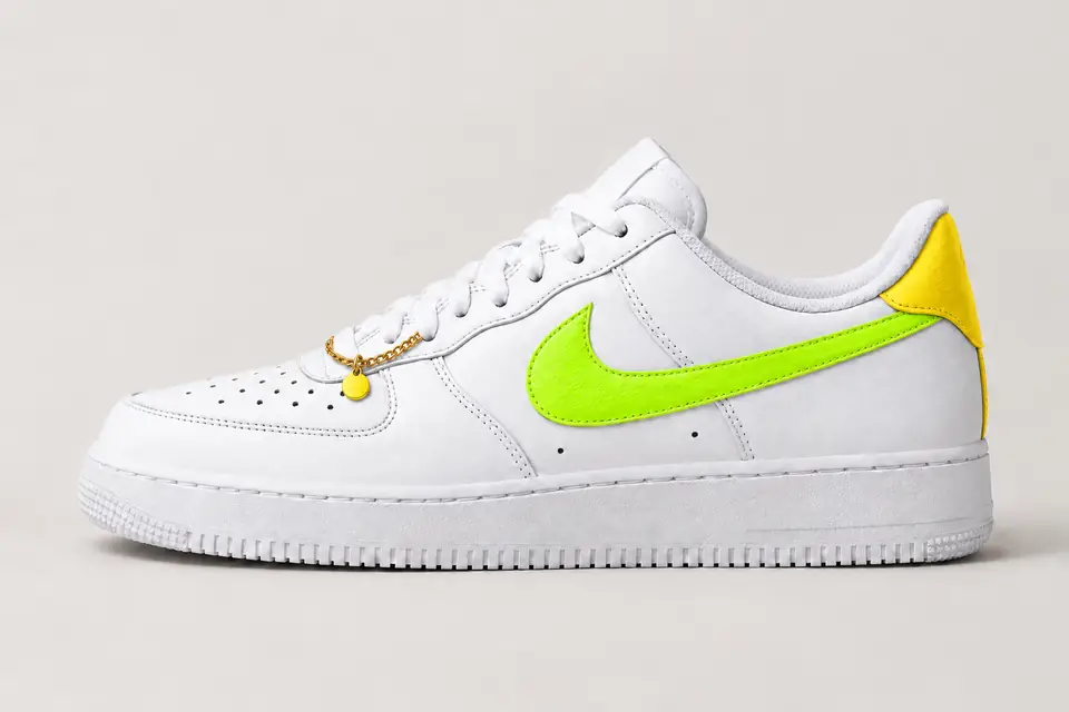 Air Force 1 Chaîne Or Talon Peint coloris fluo et jaune, vue de profil