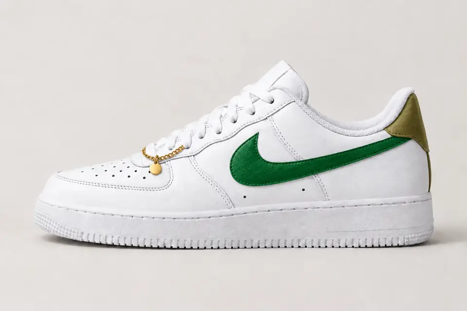 Air Force 1 Chaîne Or Talon Peint coloris kaki et vert, vue de profil
