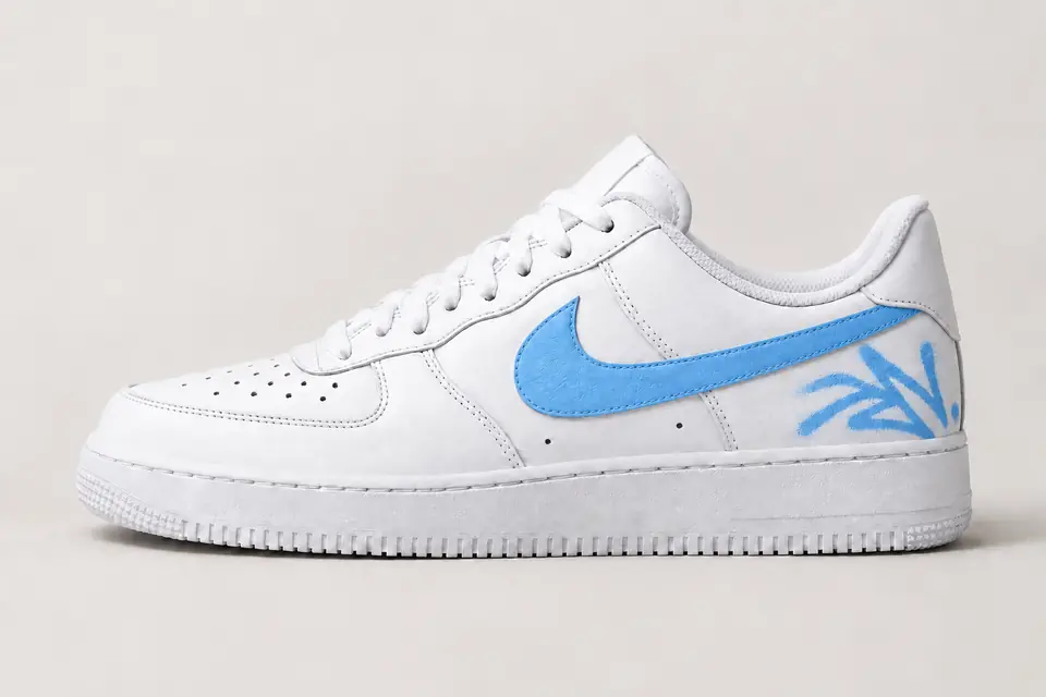 Air Force 1 Graffiti coloris bleu ciel, vue de profil