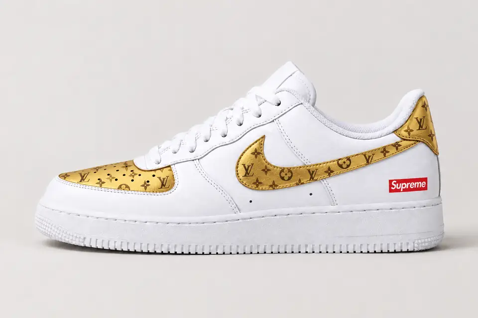 Air Force Louis Vuitton Supreme coloris or, vue de profil