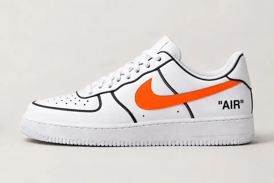 Air Force Off-White Jaune Contour coloris noir et orange, vue de profil