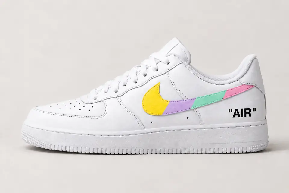 Air Force Off-White Jaune Swoosh Peint coloris jaune et pastel, vue de profil