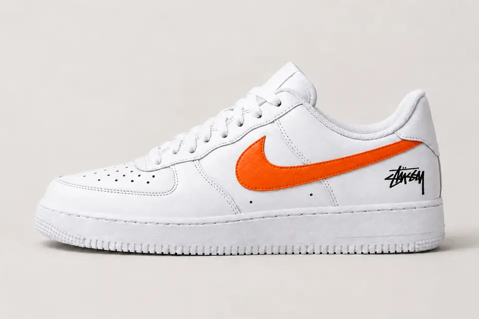 Air Force Stüssy Noir Minimal coloris blanc et orange, vue de profil