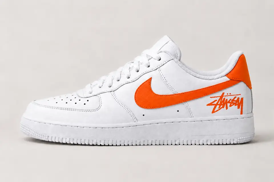 Air Force Stüssy Noir Talon Peint coloris blanc et orange, vue de profil