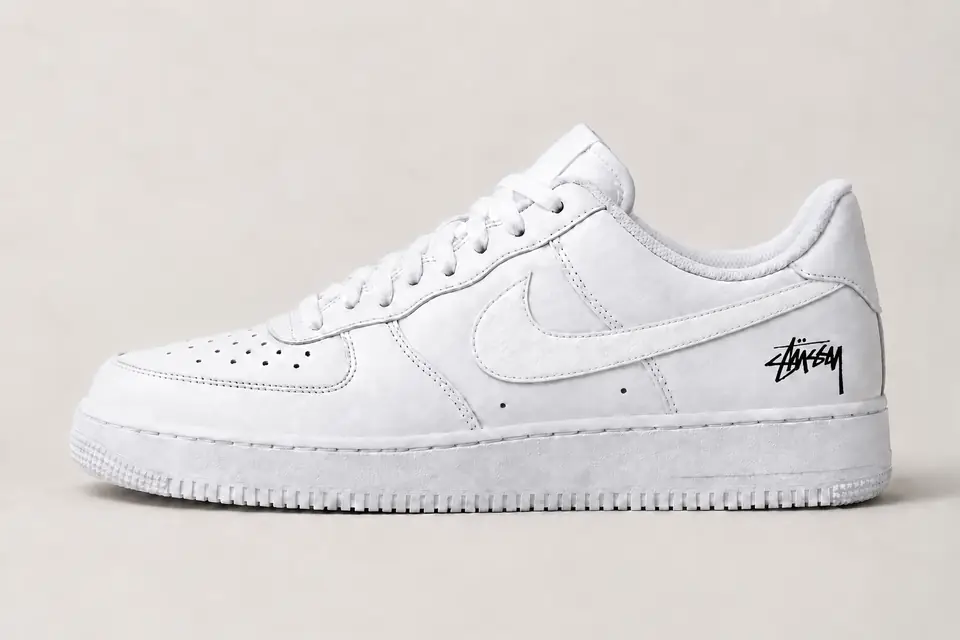 Air Force Stüssy Swoosh Peint coloris blanc, vue de profil