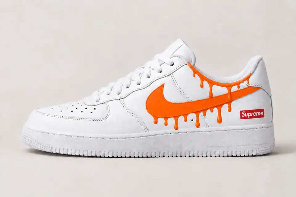 Air Force Supreme Noir Drip 2 coloris orange, vue de profil