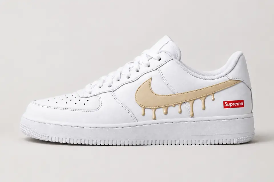 Air Force Supreme Noir Drip coloris beige et blanc, vue de profil