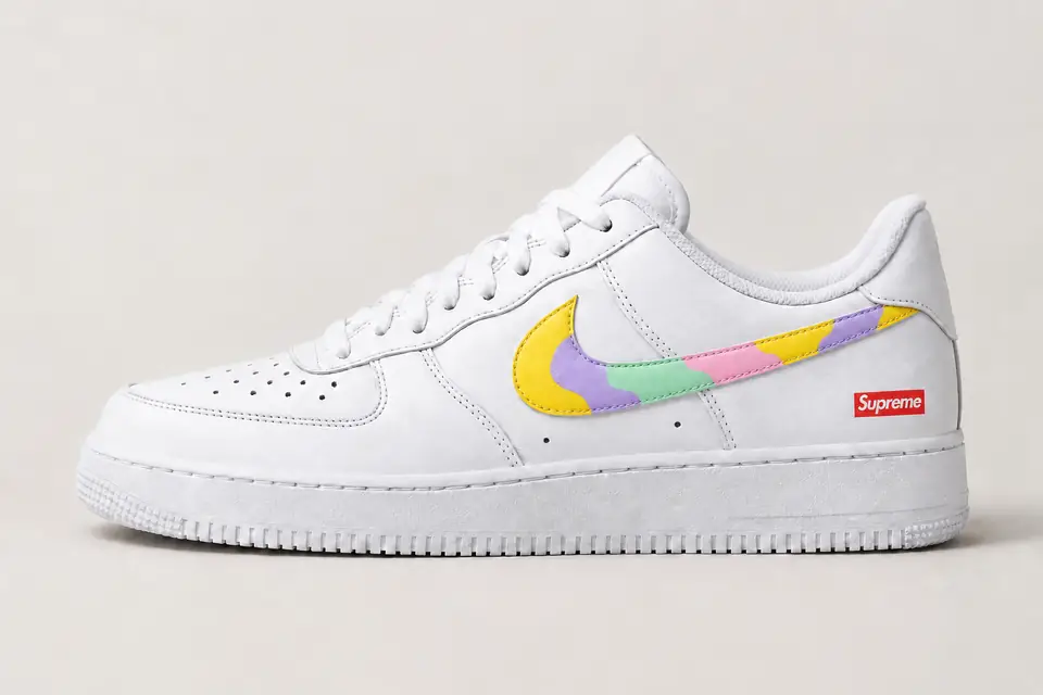 Air Force Supreme Noir Minimal 2 coloris jaune et pastel, vue de profil
