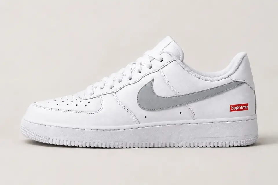 Air Force Supreme Noir Minimal coloris blanc et gris, vue de profil