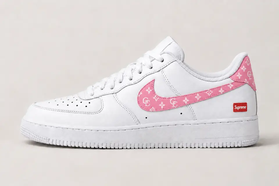 Air Force Supreme Noir Monogramme 2 coloris blanc et rose, vue de profil