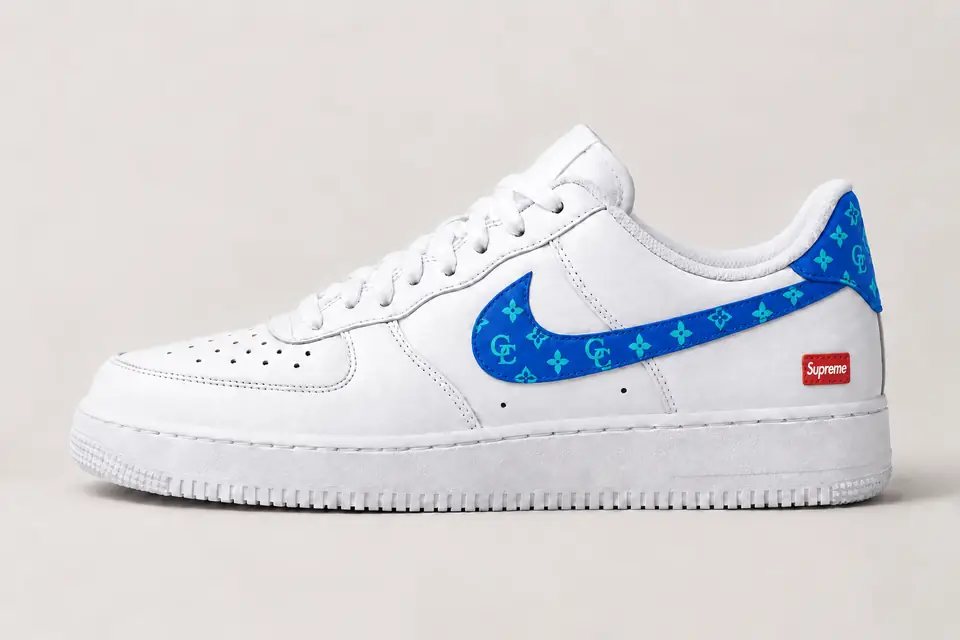 Air Force Supreme Noir Monogramme 2 coloris bleu et turquoise, vue de profil