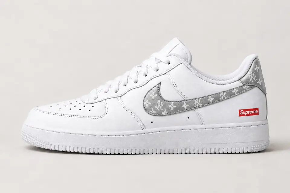 Air Force Supreme Noir Monogramme coloris argent, vue de profil