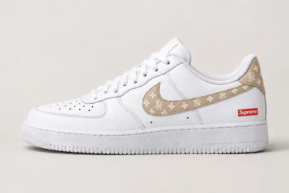 Air Force Supreme Noir Monogramme coloris beige et blanc, vue de profil