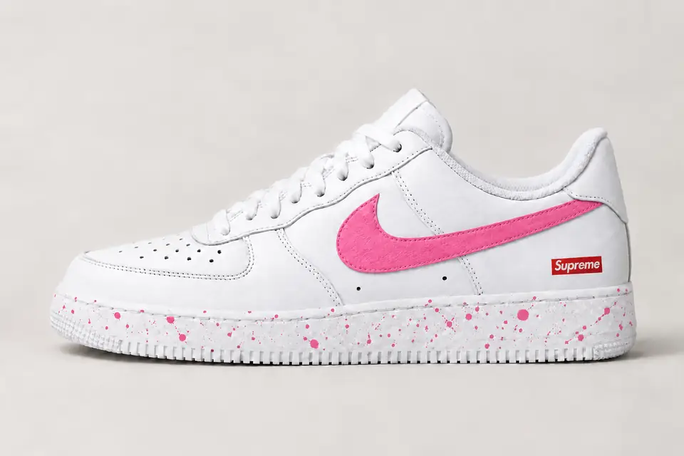 Air Force Supreme Noir Splash 2 coloris blanc et rose, vue de profil