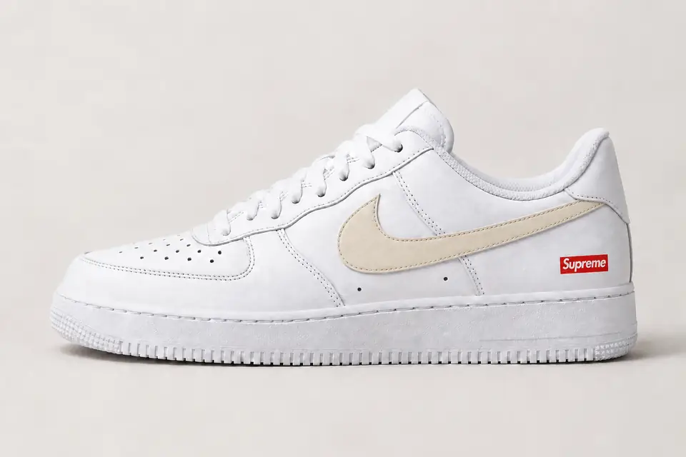 Air Force Supreme Noir Swoosh Peint coloris beige et blanc, vue de profil
