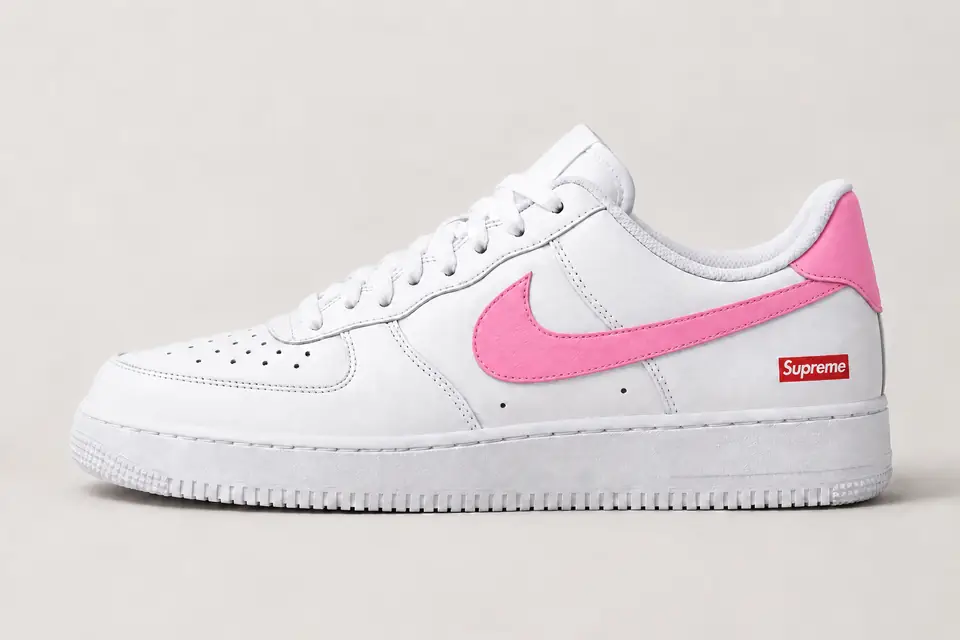 Air Force Supreme Noir Talon Peint 2 coloris blanc et rose, vue de profil