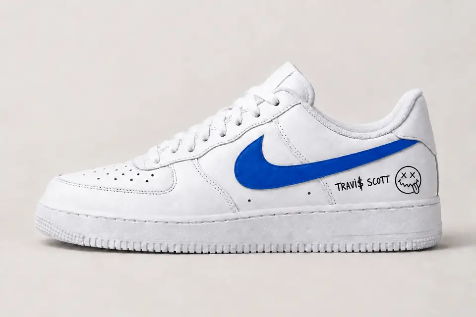 Air Force Travis Scott Swoosh Peint coloris bleu, vue de profil