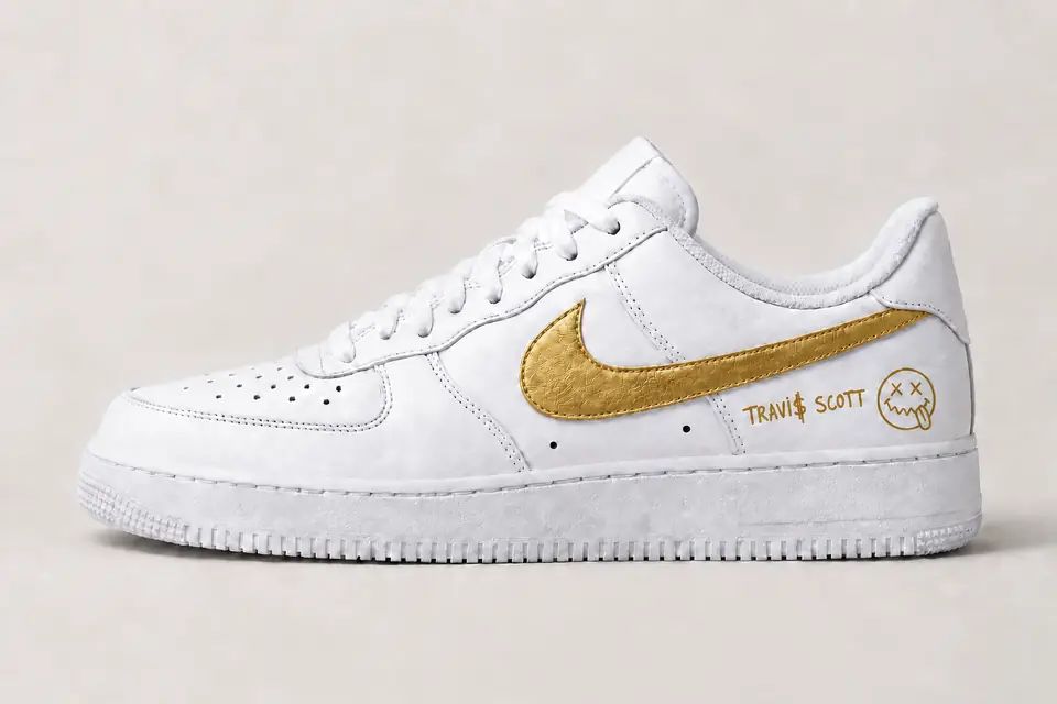 Air Force Travis Scott Swoosh Peint coloris or, vue de profil