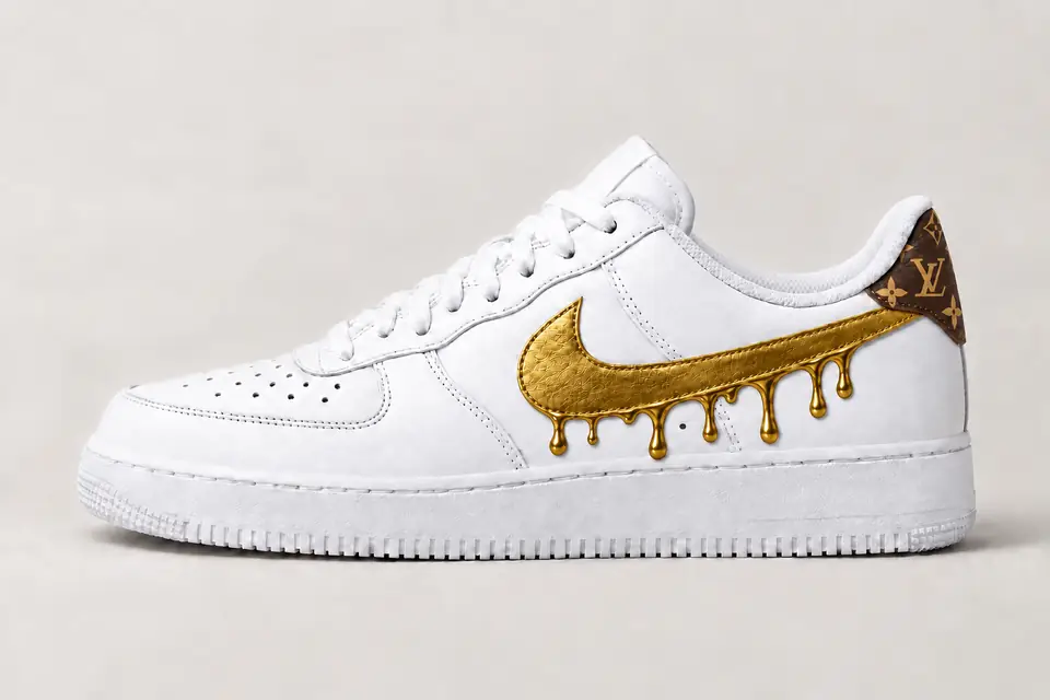 Custom Air Force 1 Louis Vuitton Drip coloris or, vue de profil